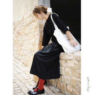 花吉Q544黑色亨利领中袖 秋卫衣连衣裙 高腰宽松圆领卫衣裙2025新款