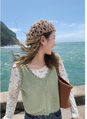 花吉B512豆绿色前后两穿u型领短款百搭马甲女2025新款秋开衫马夹