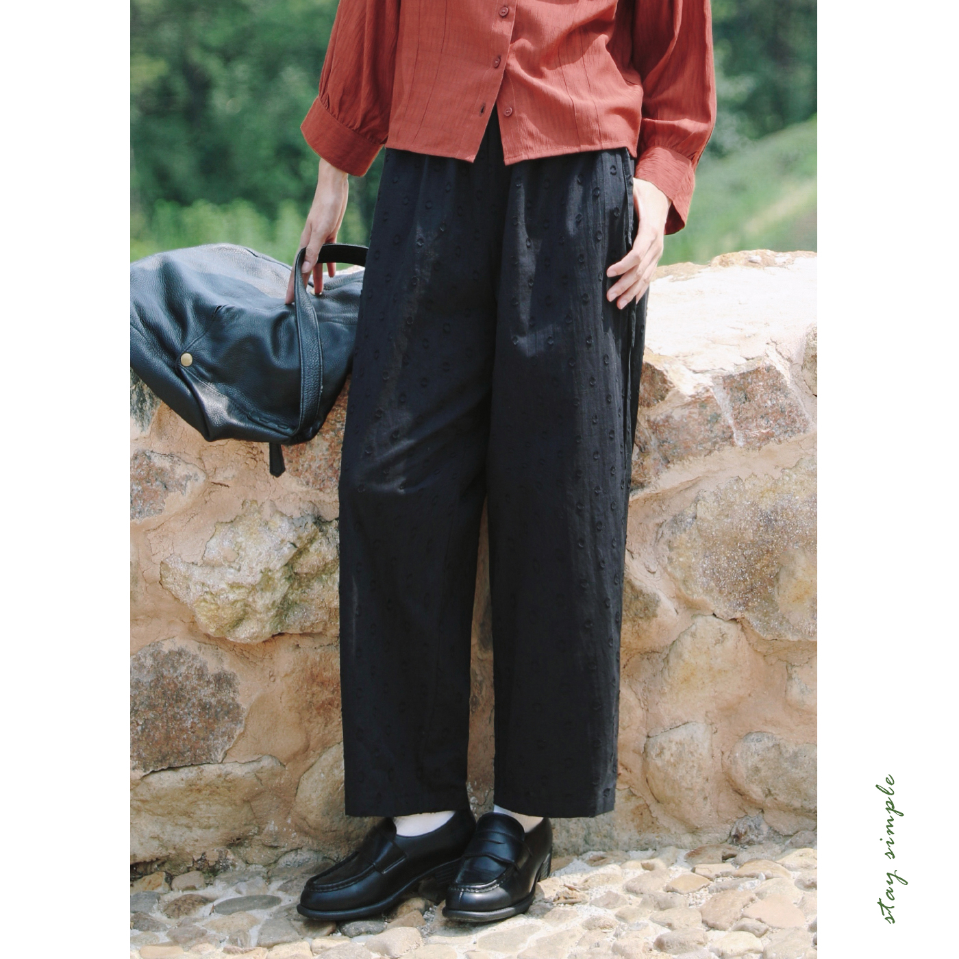 花吉黑色系带纯棉日系九分休闲裤