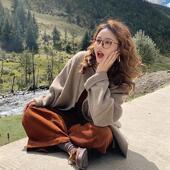 花吉B863燕麦色羊毛小尖帽斗篷连帽宽松双面呢女2025新款 秋冬外套