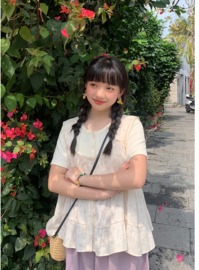 花吉B706白桃汽水度假风碎花叠穿背心娃娃衫女2026新款夏背心吊带