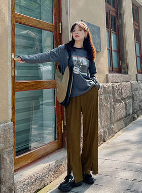 花吉B173深灰色撞色纯棉圆领摇滚乐队长袖印花T恤女2025新款上衣