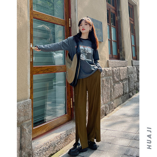 深灰色撞色领摇滚乐队印花T恤女