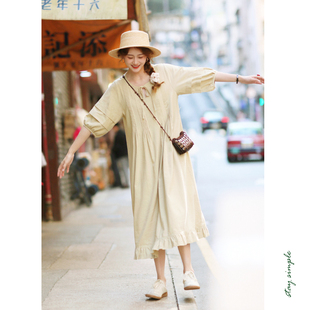 夏裙子 宽松系带连衣裙2026新款 花吉Q467嫩芽绿色灯笼袖 风琴褶短袖