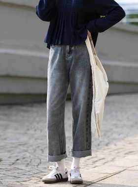 花吉K360灰蓝色做旧高腰复古水洗直筒牛仔裤女2025新款秋宽松裤子