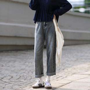 秋宽松裤 子 女2026新款 花吉K360灰蓝色做旧高腰复古水洗直筒牛仔裤