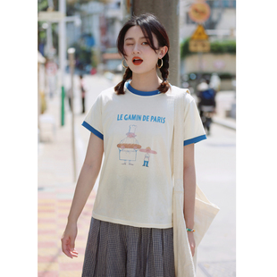 26ss.Part4 清爽夏日撞色滚边印花短袖 T恤 花吉0408