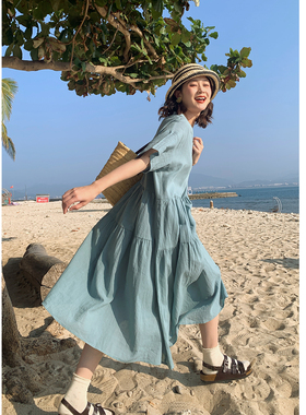 花吉Q569蓝色轻盈感棉麻V领短袖宽松大摆连衣裙2026新款春裙子