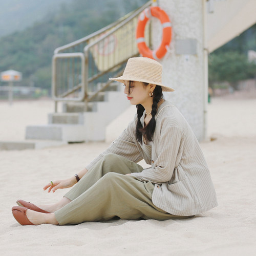 花吉春日日系宽松格子九分袖外套