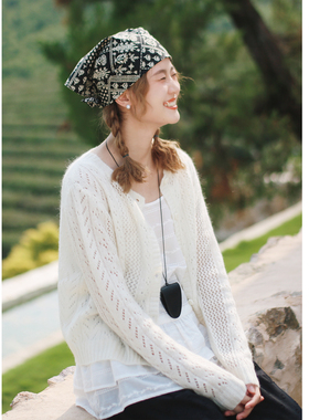 花吉C032米白色薄款马海毛长袖镂空圆领开衫女2026新款秋针织衫