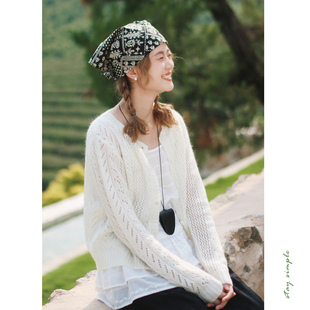 秋针织衫 花吉C032米白色薄款 女2025新款 镂空圆领开衫 马海毛长袖