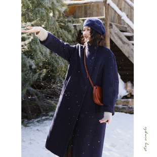 大衣 冬季 花吉C121藏青色大气剪裁直筒立领长款 毛呢外套2026新款