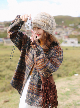 花吉B887橘棕色加厚羊毛混纺复古格子条纹衬衫女2026新款秋冬外套