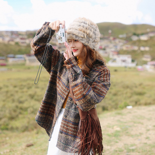 花吉B887橘棕色加厚羊毛混纺复古格子条纹衬衫 秋冬外套 女2026新款