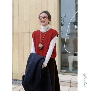 花吉B910红色叠穿撞色边无袖 秋冬马夹 套头针织马甲女2025年新款