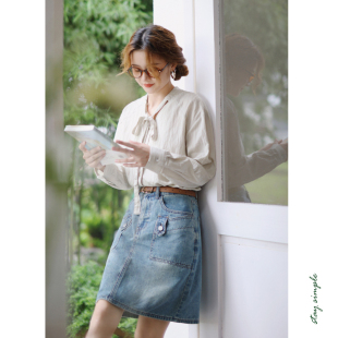 夏设计感小众宽松衬衣 女2026新款 花吉B789灰杏色柔软系带长袖 衬衫