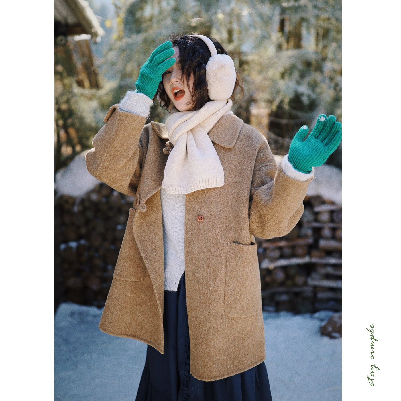 花吉深灰色复古宽松双面呢外套