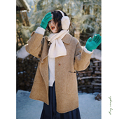 花吉C117深灰色复古方块扣一手长双面呢女2025新款 冬宽松口袋外套