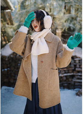 花吉C117深灰色复古方块扣一手长双面呢女2025新款冬宽松口袋外套