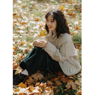 花吉B287灰杏色日系复古撞色可拆卸灯芯绒领羽绒服女2026新款 冬季