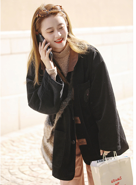 花吉B642黑色复古撞色卡通刺绣中长款绗棉外套女2026新款冬棉服