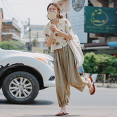 夏休闲裤 花吉K230绿色日系慵懒休闲竖条纹气球灯笼裤 女2026新款