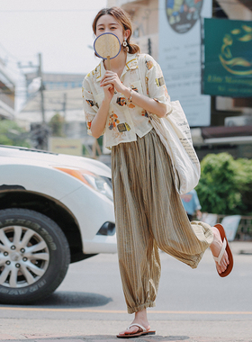 花吉K230绿色日系慵懒休闲竖条纹气球灯笼裤女2026新款夏休闲裤