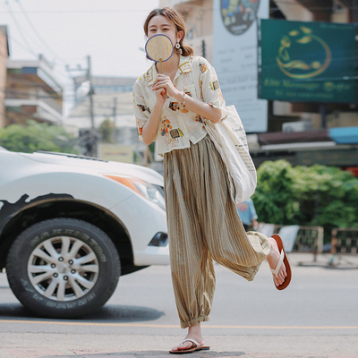 绿色日系休闲条纹气球裤