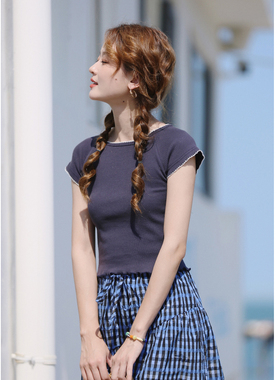 花吉B771藏青色撞色拷边修身螺纹短袖T恤女2026新款女夏宽松上衣