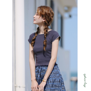 T恤女2026新款 女夏宽松上衣 螺纹短袖 花吉B771藏青色撞色拷边修身