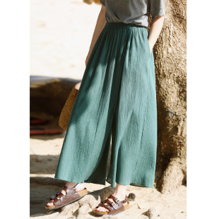 夏休闲裤 花吉L082绿色牙签细褶搭片松紧腰宽松日系裙裤 女2026新款