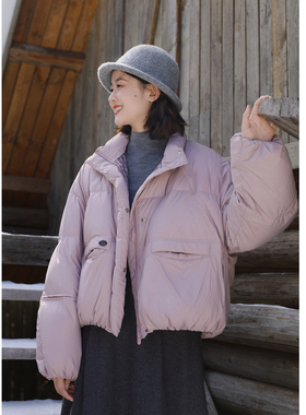 花吉C128紫粉色立领泡芙短款羽绒服女2025新款秋冬学院风宽松外套