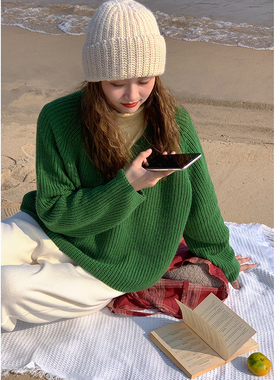 花吉B593草绿色叠穿简约百搭V领毛衣女2025新款秋冬套头上衣