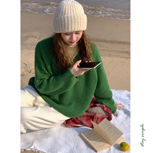 花吉B593草绿色叠穿简约百搭V领毛衣女2025新款 秋冬套头上衣