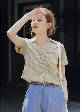 花吉B444黄色抽绳褶皱小v领设计感混色短款T恤女2026新款夏上衣