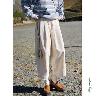 秋冬休闲裤 花吉K378米白色日系松紧腰灯芯绒宽松九分裤 女2025新款