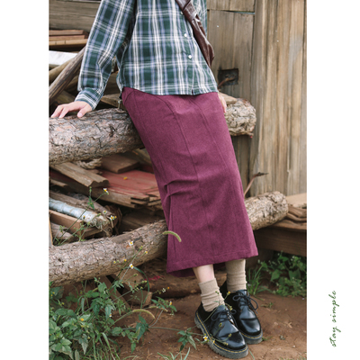 花吉紫色弹力灯芯绒鱼尾半身裙