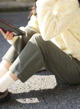 花吉K267绿色高腰日系直筒亚麻翻边休闲裤女2025新款秋九分直筒裤