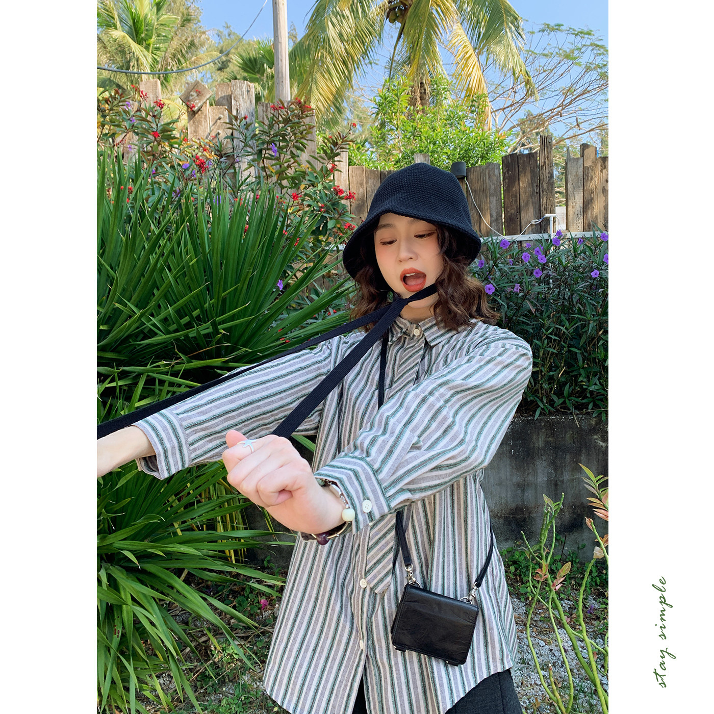 花吉C166灰绿【可拆卸领带】植绒条纹长袖衬衫女2026新款春衬衣