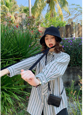 花吉C166灰绿【可拆卸领带】植绒条纹长袖衬衫女2026新款春衬衣