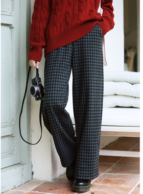 花吉L070黑灰色加厚加绒格子条纹休闲裤女2026新款春格纹仿呢裤