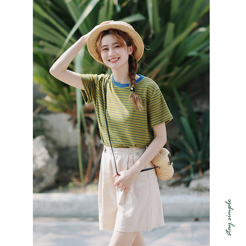 花吉B678蓝绿色撞色领条纹短袖T恤女2025新款夏横条纹圆领上衣