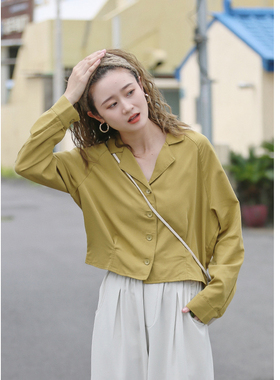 花吉B534芥绿天丝垂感西装翻领衬衫女2025新款秋长袖短款学院衬衣