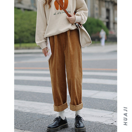 花吉K153棕色复古立体麻花辫肌理感灯芯绒休闲裤女2025新款秋裤子