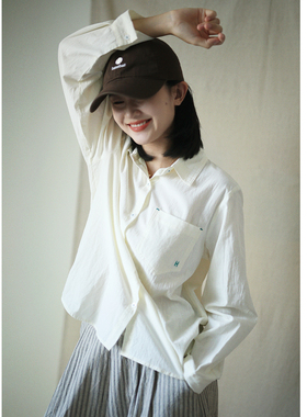 花吉C053米色字母刺绣水洗纯棉衬衫女2025新款秋长袖全棉休闲衬衣