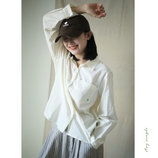 秋长袖 全棉休闲衬衣 女2026新款 花吉C053米色字母刺绣水洗纯棉衬衫