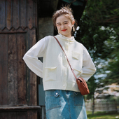 花吉B838米白色复古文艺小卷边针织马甲女2025新款 秋宽松开衫 马夹