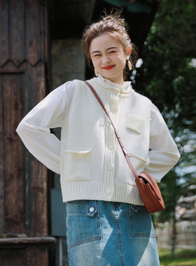 花吉B838米白色复古文艺小卷边针织马甲女2025新款秋宽松开衫马夹