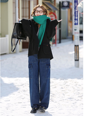 花吉K298蓝色高腰工装大口袋宽松直筒牛仔裤女2025新款冬季阔腿裤