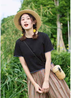 花吉黑色日系撞色短款短袖t恤